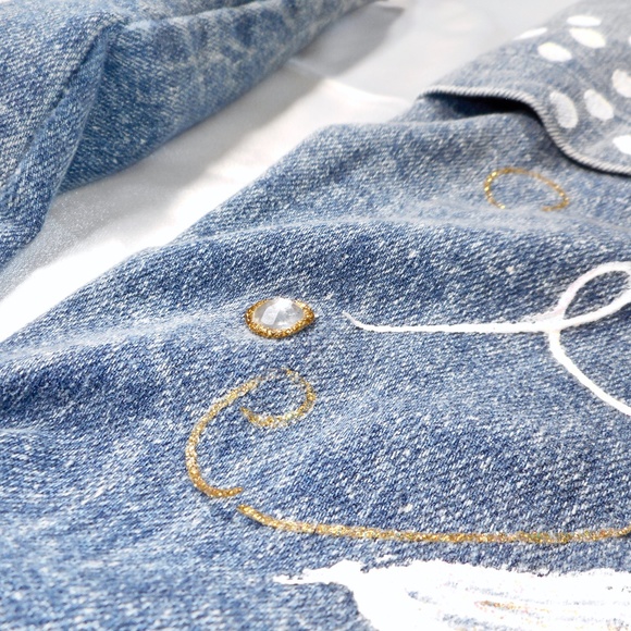 Unique VTG 80s Painted Bejeweled Blue Denim Jacket M L Lace Tuesdays Gift - Picture 8 of 15